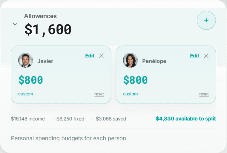 Yaba allowances screen showing household spending splits.