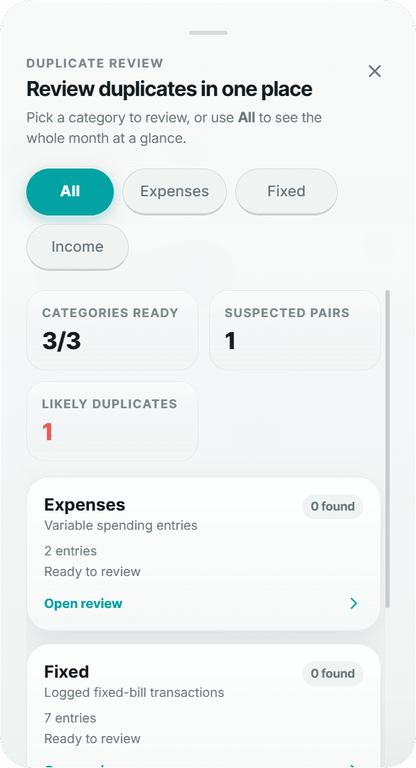 Yaba duplicate review screen for checking possible duplicate transactions.