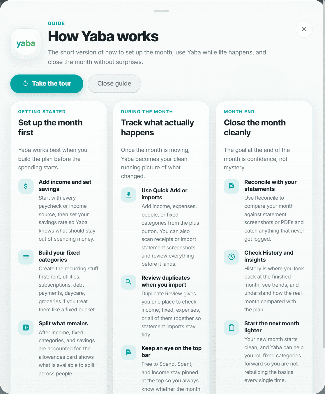 Yaba guide screen explaining how the monthly flow works.