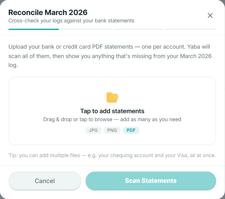 Yaba reconcile flow comparing the month against statements.
